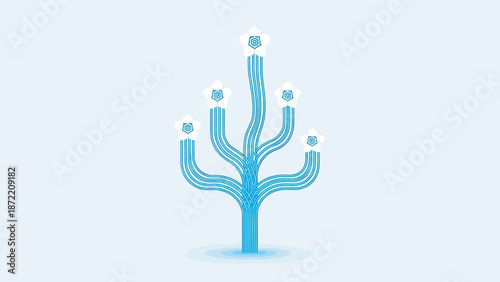data flow connection graphic depicting branching lines leading to five hexagonal output nodes representing interconnected digital systems.