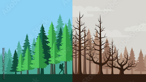 environmental degradation contrast showing a healthy green forest next to a dead barren forest for climate change awareness