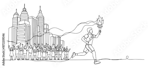 Continuous line drawing of a torchbearer running past cheering crowd and city