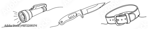 Continuous line drawing set of tactical gear including flashlight knife and belt