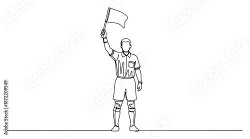 Continuous line drawing of a soccer referee holding up a flag