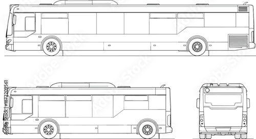 Technical drawing city bus blueprint vector illustration vehicle side back view outline transport design element isolated on white background passenger