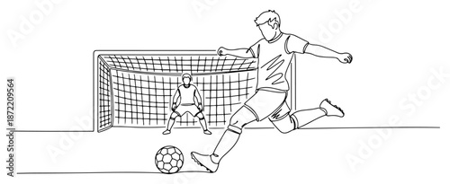 Continuous line drawing of soccer player kicking penalty shot against goalkeeper
