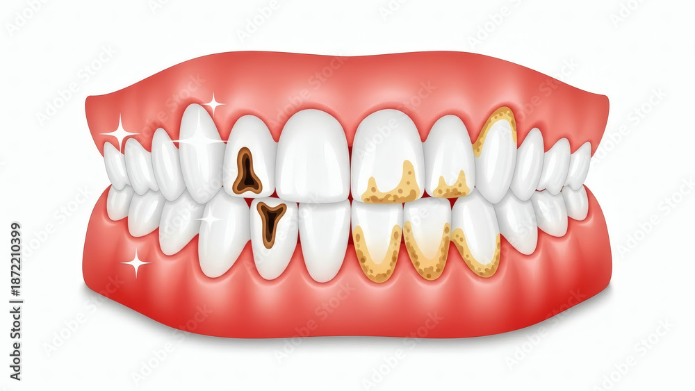 Fototapeta premium Dental hygiene illustration showing healthy shiny teeth versus teeth with cavities and plaque buildup