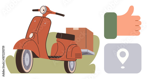 Local delivery, online shopping, logistics, customer satisfaction, navigation, tracking. Red scooter with a box, thumbs-up icon location pin. Local delivery and online shopping concepts