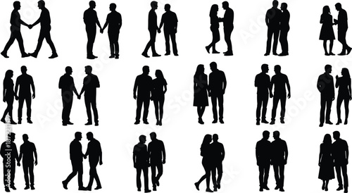 Black silhouette couple icon set showing diverse standing and walking pairs for relationships social interaction and lifestyle design