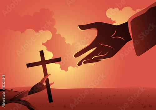 Crab Holding a Wooden Cross Reaching Toward a Divine Hand