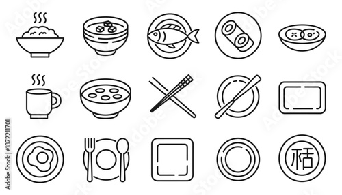 Vector icons of asian food and dining elements including rice, soup, sushi, chopsticks, mug, plates and serving dishes for menus