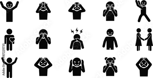 Black silhouette emotion pictogram set showing diverse human feelings gestures for psychology communication mental health concepts icons design collection vector