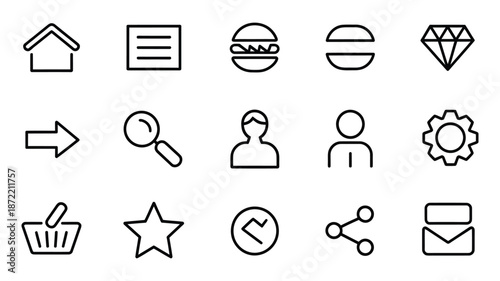 Modern thin line user experience icons containing home house menu burger list diamond gem female profile setting gear share star basket shopping envelope