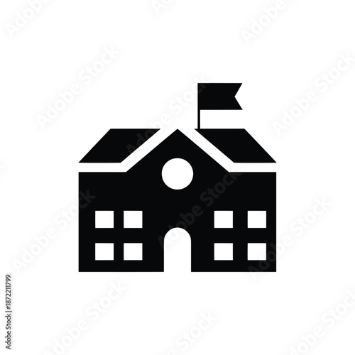 Solid black silhouette icon of traditional school building with central entrance and flag on roof representing public institution