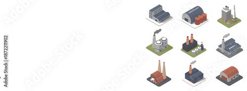Set of isometric industrial factory building icons showing different warehouse and production site designs with transparent background