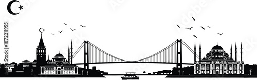 Istanbul skyline silhouette with Bosphorus Bridge mosques crescent moon and birds symbolizing Turkish culture travel landmark illustration