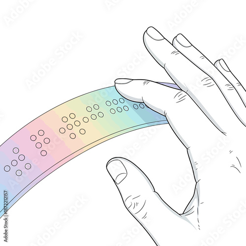 Close-up illustration of fingers gently touching a braille surface with a rainbow gradient