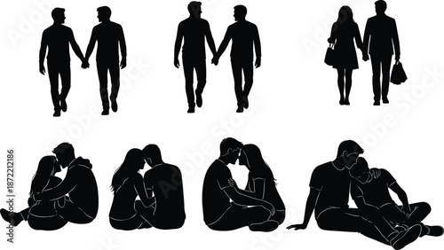 Romantic couple silhouette set showing walking sitting and embracing lovers representing relationships intimacy companionship and modern lifestyle illustration