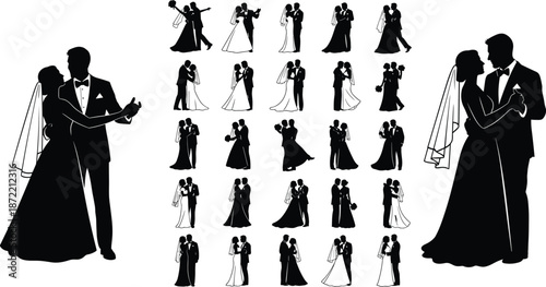Wedding couple silhouette collection featuring elegant bride and groom dancing embracing and posing for romantic marriage ceremony illustration set