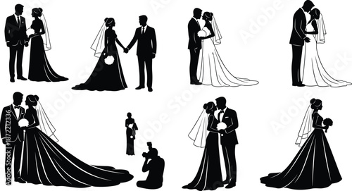 Wedding silhouette icon set featuring elegant bride and groom poses romantic marriage ceremony moments for bridal design illustration