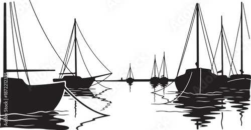Sailboats Moored in Calm Water Silhouette Illustration