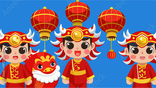 Chinese New Year Festival Vector Illustration with Red Lanterns, Dragon Dance, and Traditional Costumes with Golden Accents in a Flat Design Style