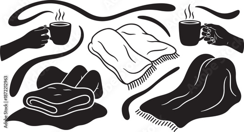 Cozy winter scene with blankets and hot coffee cups