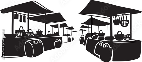 Black and white illustration of outdoor market stalls scene