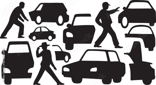 Silhouettes of people and cars in various actions
