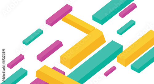 Colorful geometric shapes and rectangles in pink yellow and green on a white background