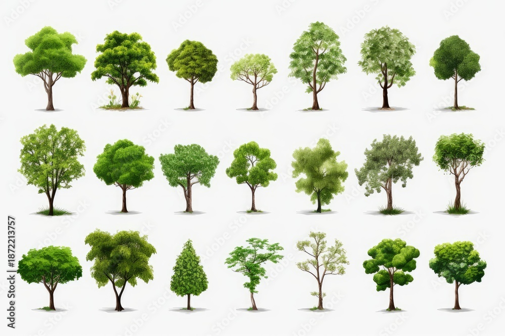 Fototapeta premium Various green trees in different shapes and sizes on a white background