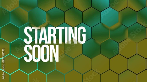 Graphic design of a green honeycomb pattern with the words 'starting soon' in bold white letters across the top left, conveying a sense of anticipation.