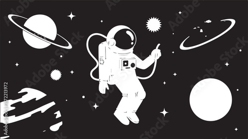 Astronaut floating in space with planets and stars