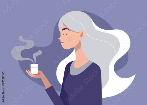Woman with long gray hair smelling a white bottle with a pleasant aroma