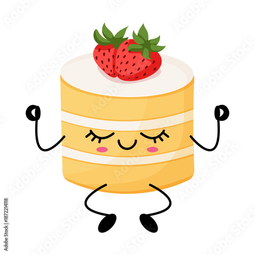 Cute kawaii strawberry cake cartoon character illustration
