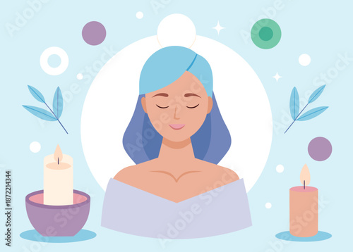 Woman relaxing in a peaceful spa setting with candles and plants