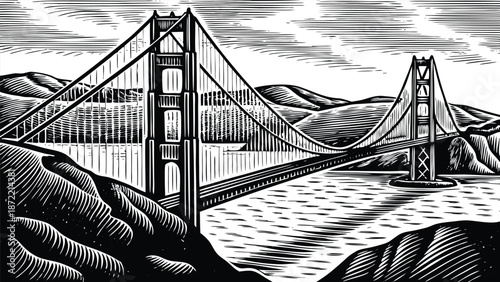 Vibrant vector illustration of a grand suspension bridge over tranquil waters. A clean, flat vector illustration of the Golden Gate Bridge, viewed from an elevated angle, stretching across calm blue 