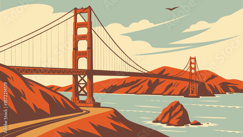 Vibrant vector illustration of a grand suspension bridge over tranquil waters. A clean, flat vector illustration of the Golden Gate Bridge, viewed from an elevated angle, stretching across calm blue 
