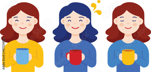 Three women with different colored hair and shirts holding drinks