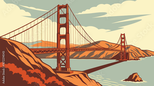 Vibrant vector illustration of a grand suspension bridge over tranquil waters. A clean, flat vector illustration of the Golden Gate Bridge, viewed from an elevated angle, stretching across calm blue 