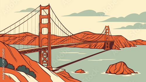 Vibrant vector illustration of a grand suspension bridge over tranquil waters. A clean, flat vector illustration of the Golden Gate Bridge, viewed from an elevated angle, stretching across calm blue 