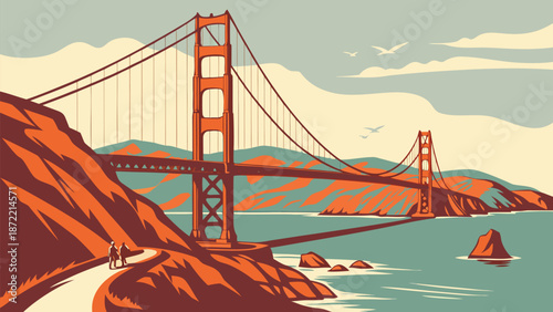 Vibrant vector illustration of a grand suspension bridge over tranquil waters. A clean, flat vector illustration of the Golden Gate Bridge, viewed from an elevated angle, stretching across calm blue 