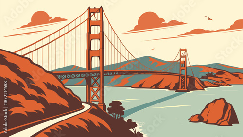 Vibrant vector illustration of a grand suspension bridge over tranquil waters. A clean, flat vector illustration of the Golden Gate Bridge, viewed from an elevated angle, stretching across calm blue 