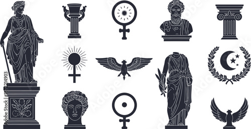 Ancient Greek Roman Statues Busts Symbols and Ornaments Set Keywords: statue, sculpture, bust, ancient, greek, roman, classical, history