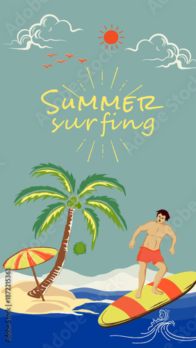 Tropical summer beach background featuring palm tree silhouettes against a vintage sunset sky over the paradise ocean and sand travel illustration