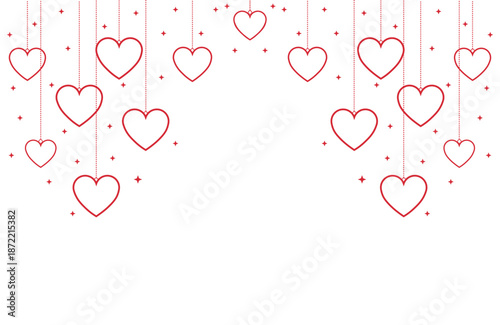 Vibrant Valentine's Day vector art with symmetrical cascade of red hearts hanging from thin strings amid sparkling stars on pure white background, ideal for romantic cards, banners, invitations.