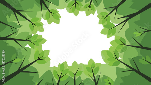forest canopy background vector illustration looking up through vibrant green tree leaves and branches framing open sky or copy space for eco-friendly designs.
