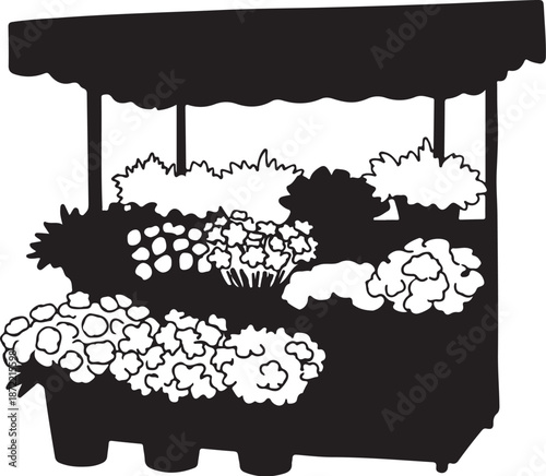Black and white flower cart illustration