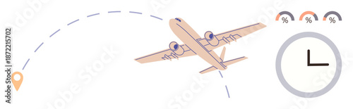 Travel, time management, transportation, aviation, scheduling, logistics. An airplane with a dashed flight path, fuel indicators and a clock icon. Travel and time management concept