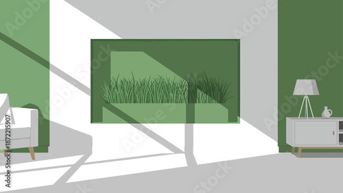 indoor garden living room design with natural light and shadows featuring minimalist green interior decor for a sustainable home environment.