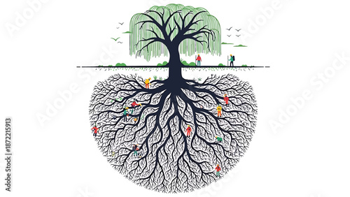interconnected roots system nurturing a diverse community network within a strong organizational foundation illustrating teamwork and hidden support structures.