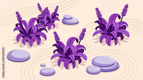 japanese zen garden featuring stylized purple lavender plants and smooth round stones on raked sand conveying peace and mindfulness.