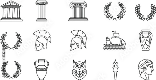 Assortment of Ancient Greek Inspired Line Art Icons with Temples Columns and Helmets